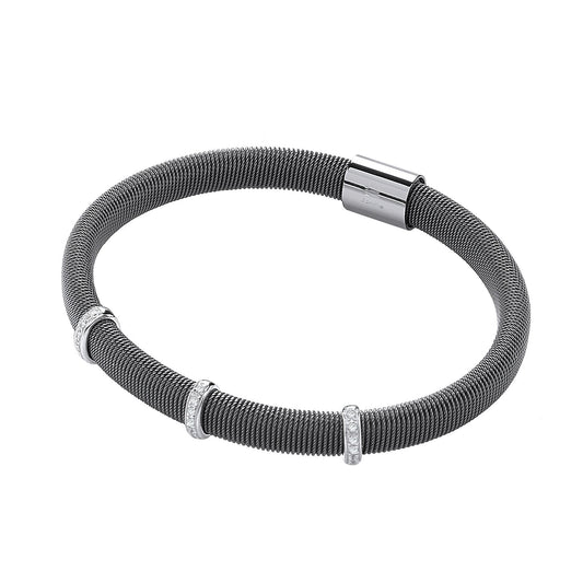 Ruthenium Mangetic Bangle with Three Rows of Cubic Zirconias