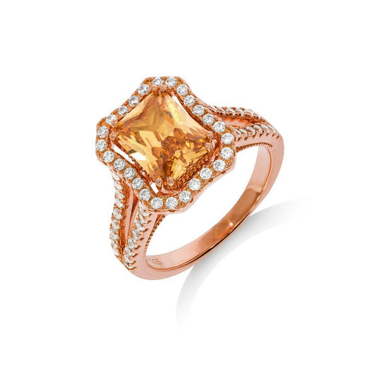 Micro Pave Rose Coated Champagne Centre Silver Cubic Zirconia Ring (HNN-24FF8C)