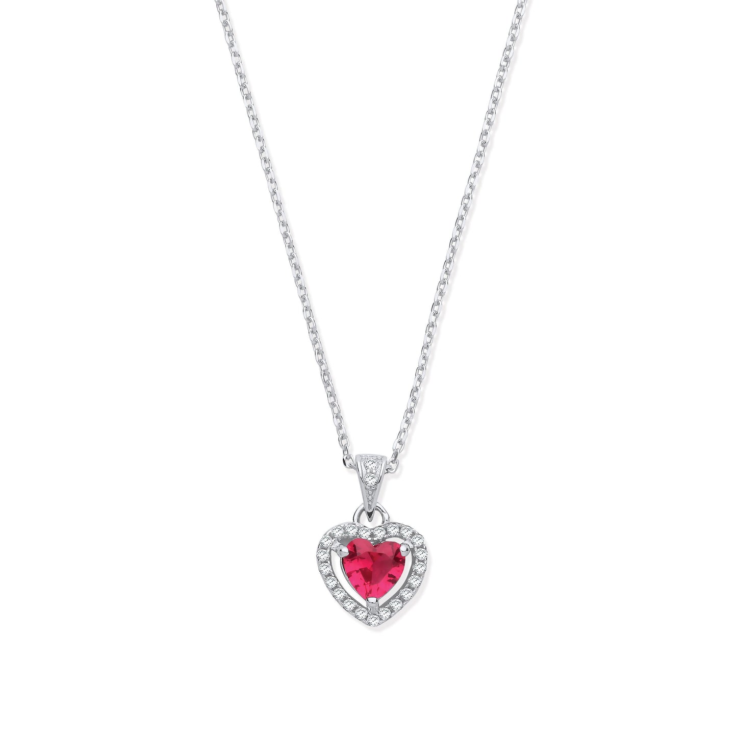 Silver Red Cubic Zirconia Halo Heart Pendant Necklace