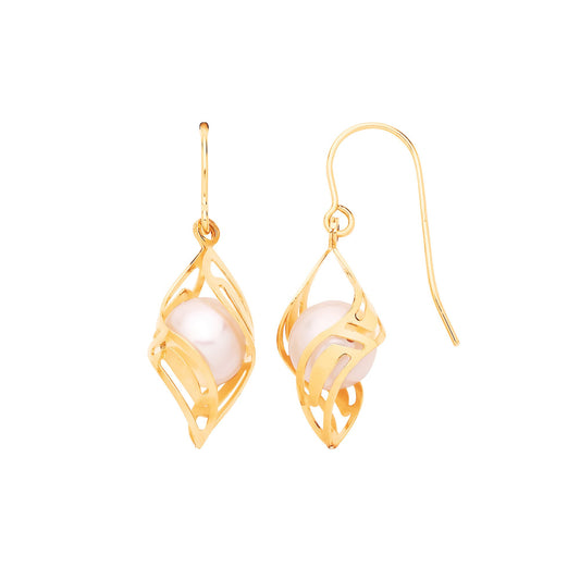 Yellow Gold Pearl Fancy Drop Earrings