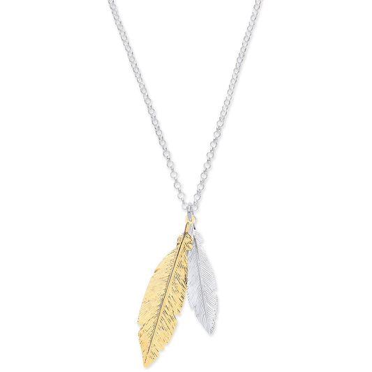 Silver & Gold Coated Feathers Necklace 16"+ 2" Extention