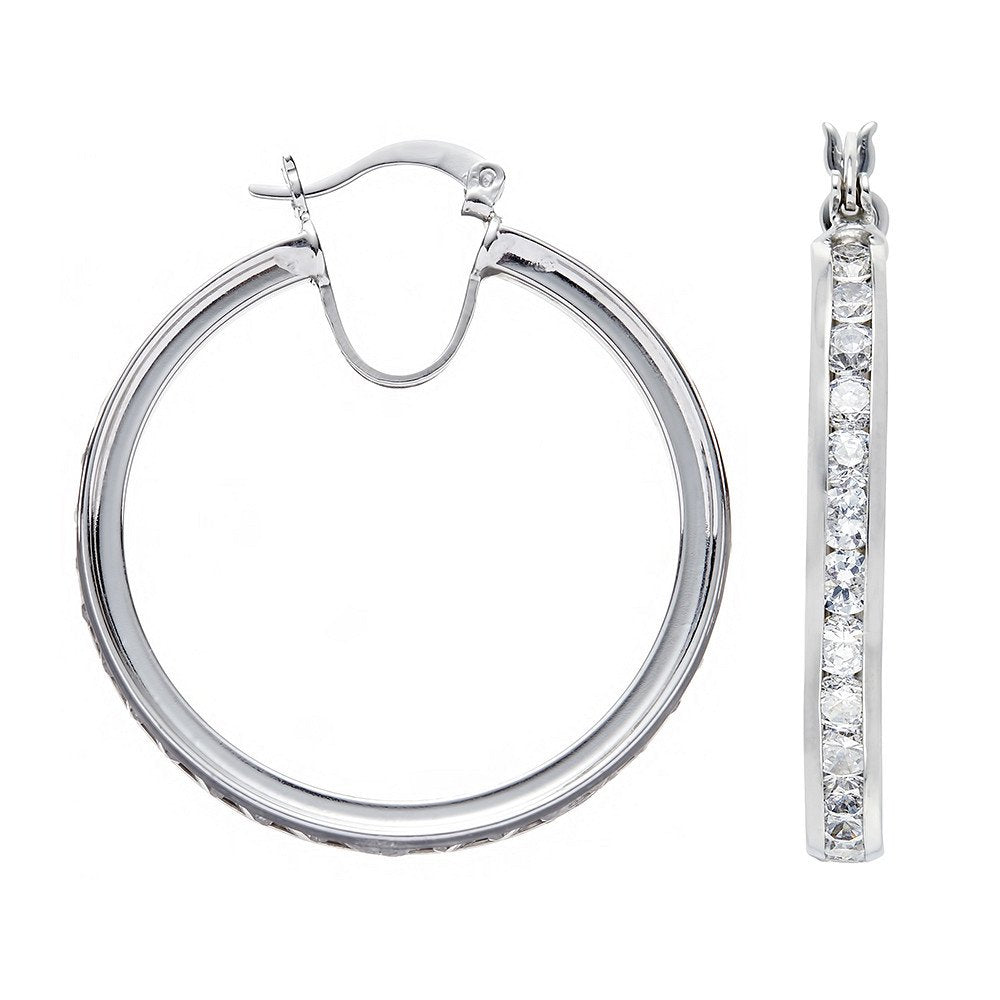 Silver Channel Set Cubic Zirconia Hoop Earrings - 35mm