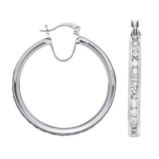 Silver Channel Set Cubic Zirconia Hoop Earrings - 35mm