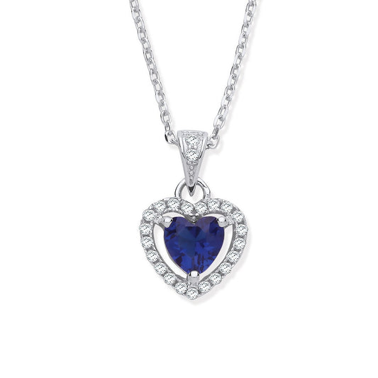 Silver Blue Cubic Zirconia Halo Heart Pendant Necklace