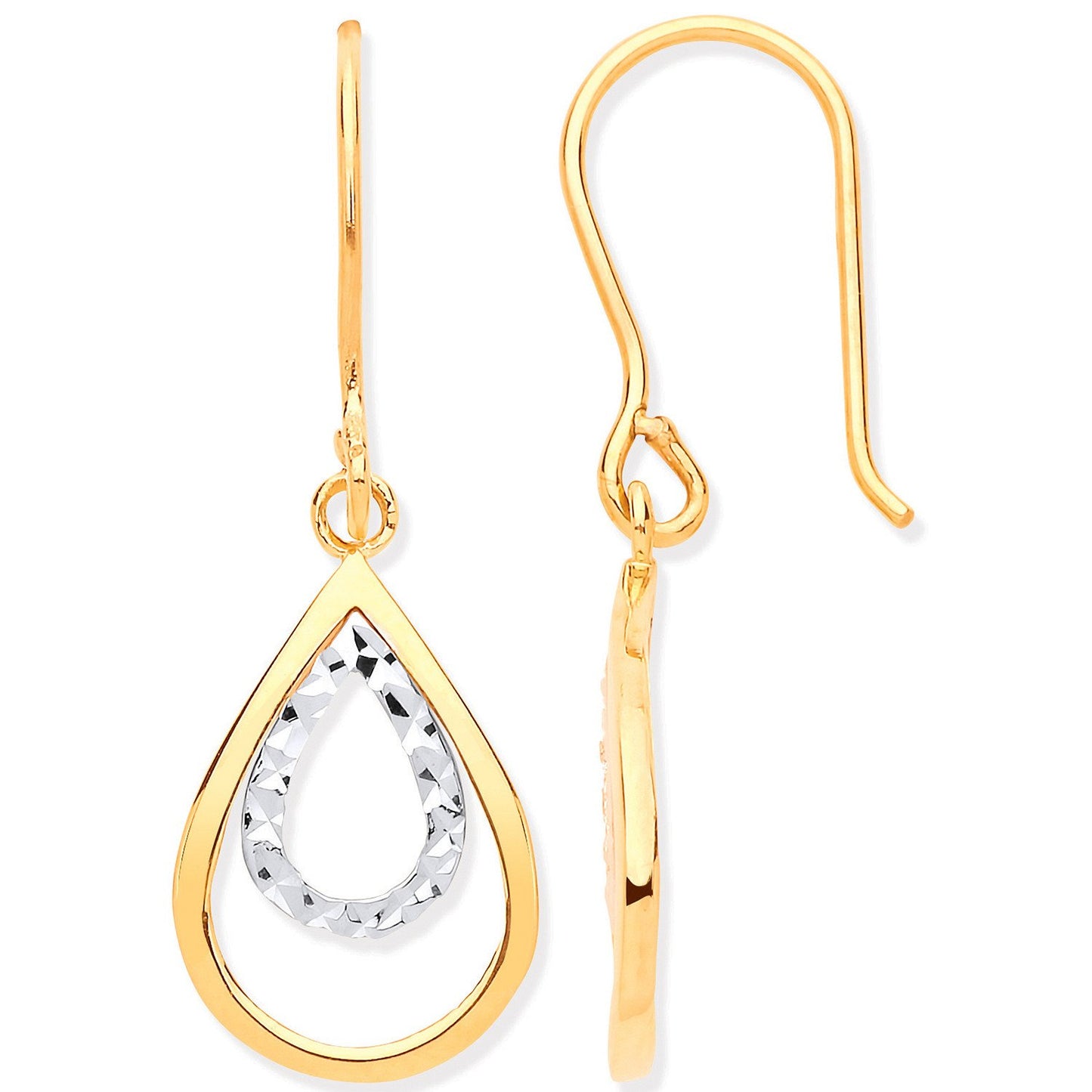 Yellow and White Gold Teardrop Shaped Hook Earrings