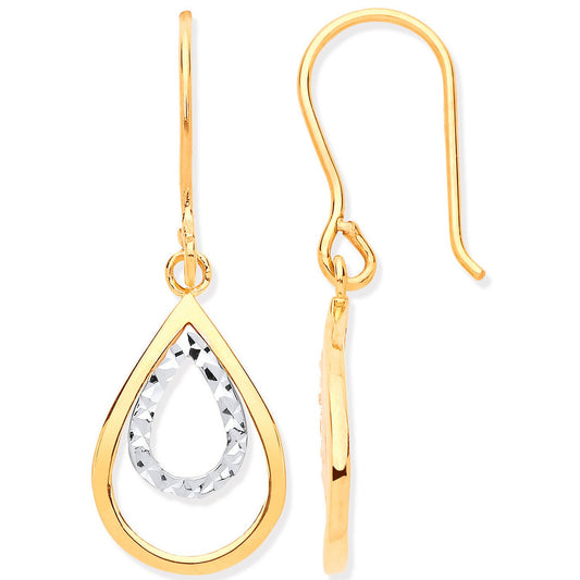 Yellow and White Gold Teardrop Shaped Hook Earrings