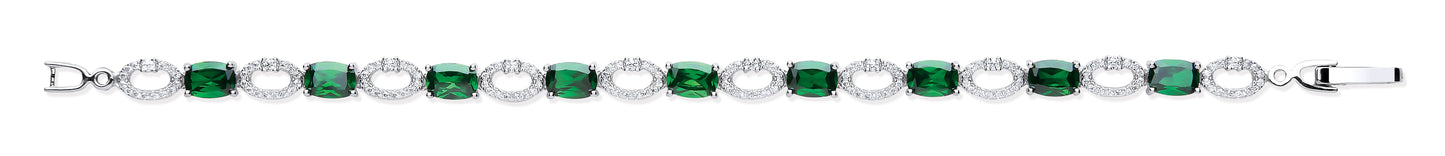 Silver Oval Cut Green & Clear Cubic Zirconias Tennis Bracelet