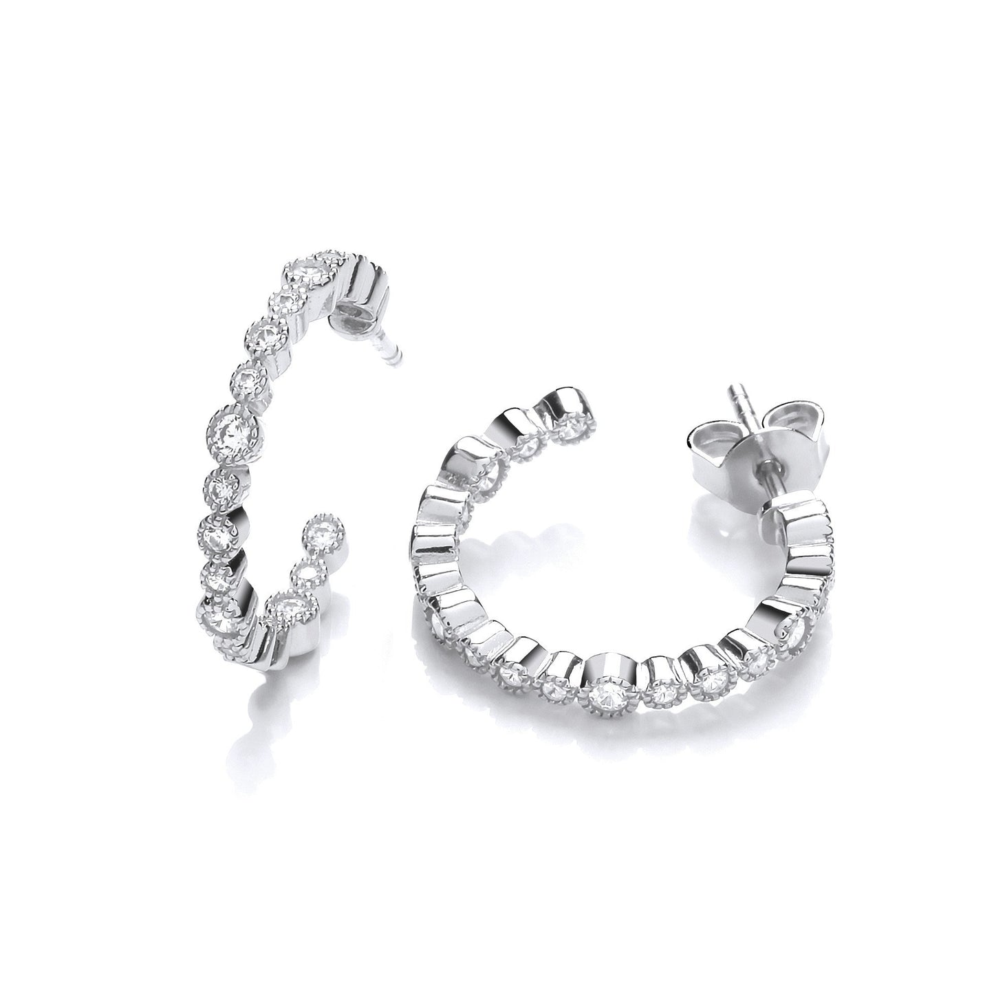 Mill Grain Edge Rubover Set Cubic Zirconias Hoop Earrrings