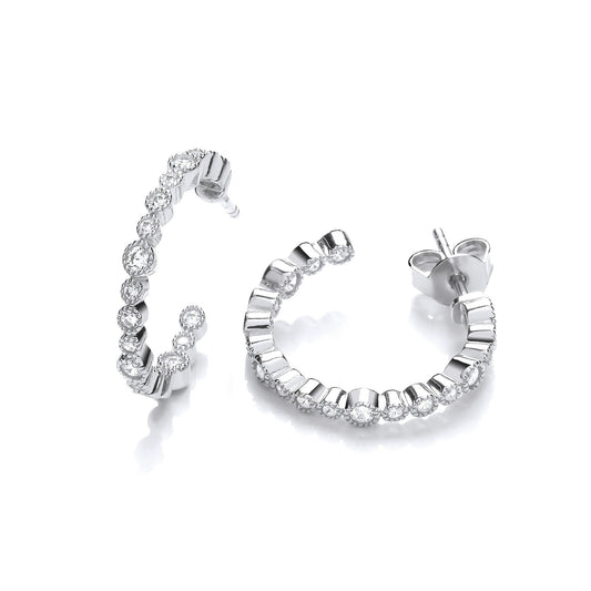 Mill Grain Edge Rubover Set Cubic Zirconias Hoop Earrrings