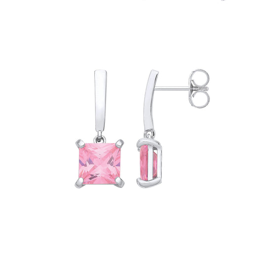 Silver Princess Cut Pink Cubic Zirconia Drop Earrings