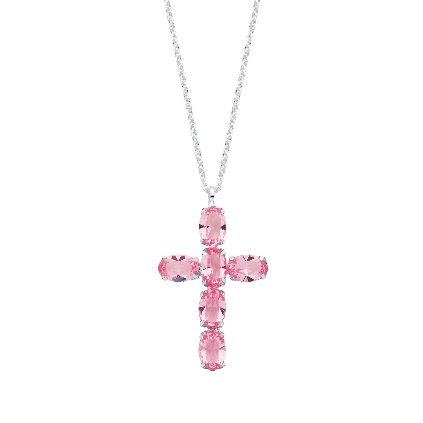 Silver Pink Crystal Cross Pendant on Chain