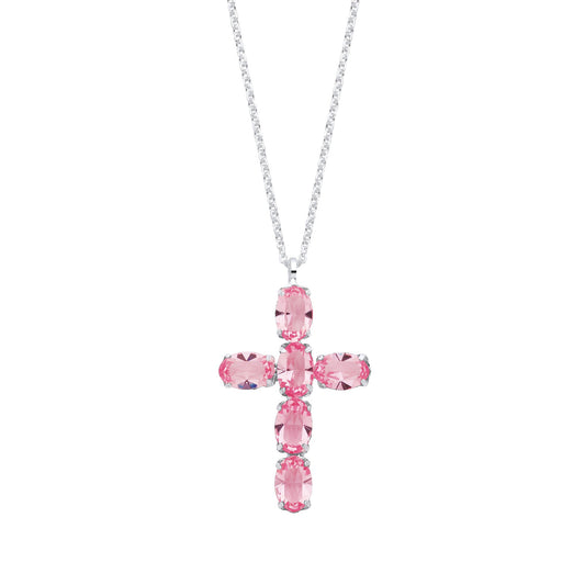 Silver Pink Crystal Cross Pendant on Chain