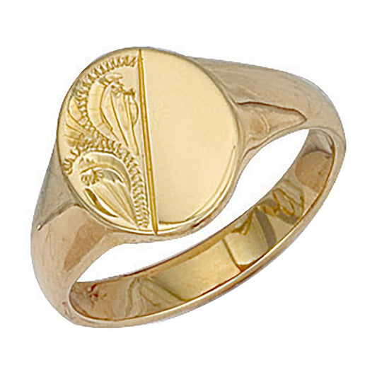 Yellow Gold Oval Engraved Signet Ring - 13mm