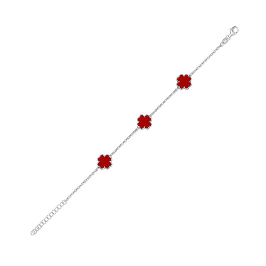 Silver Red Enamel Four Leaf Clover Bracelet
