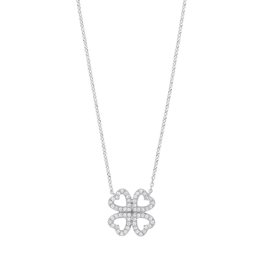 9ct White Gold 0.18ct Diamonds Four-Leaf Clover (18in/45cm) Chain