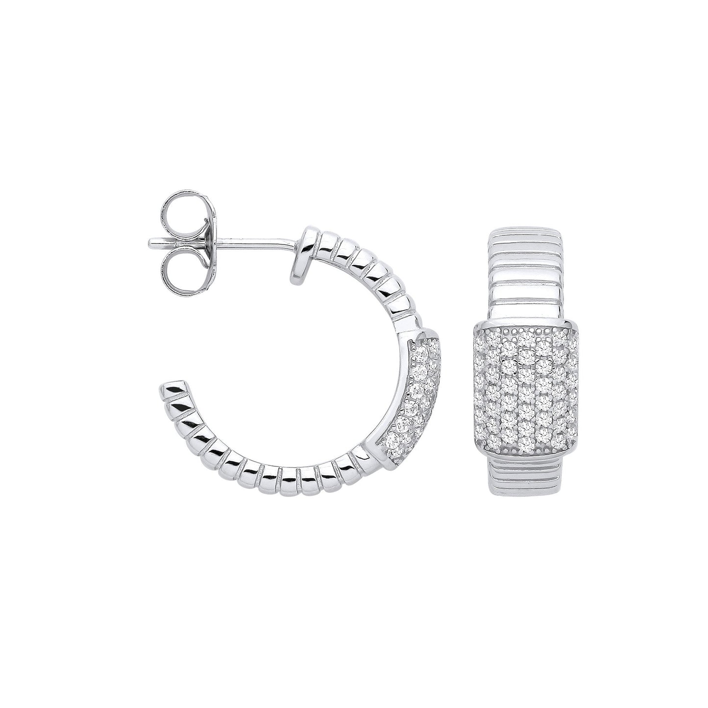 Silver Ribbed Link with Cubic Zirconia ID Plate Earrings