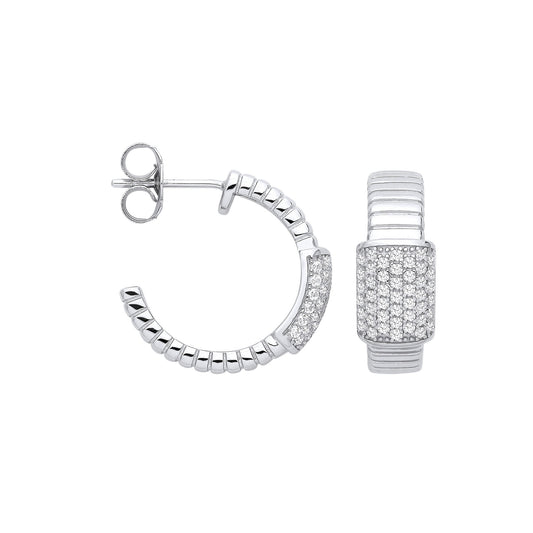 Silver Ribbed Link with Cubic Zirconia ID Plate Earrings