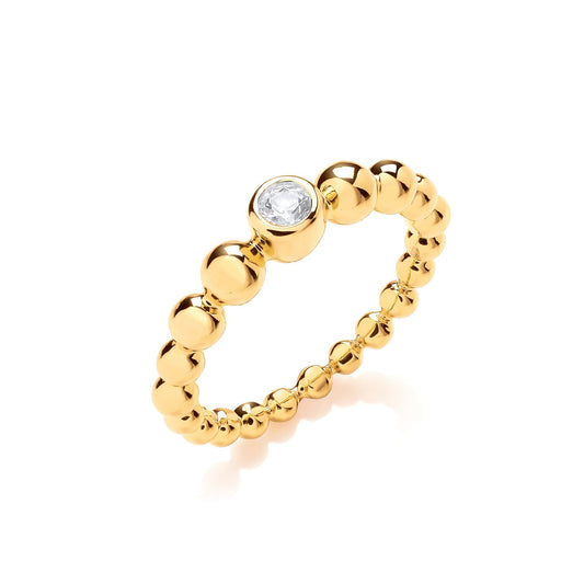 S/S Cubic Zirconia Beaded Yellow Gold Plated Silver Ring
