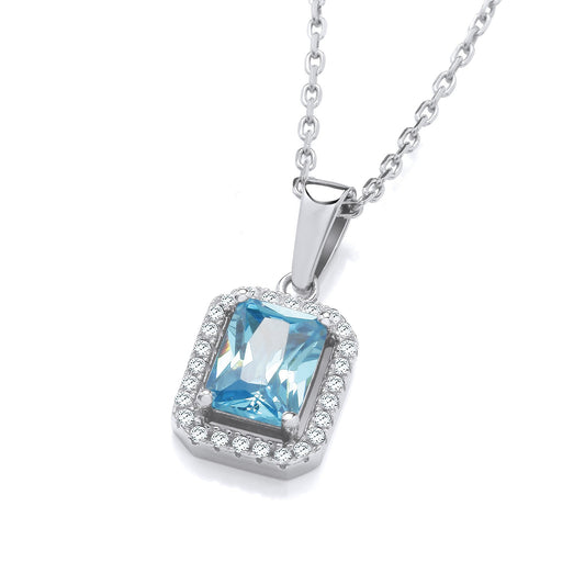 Silver Blue Cubic Zirconias Halo Stud Pendant with Chain