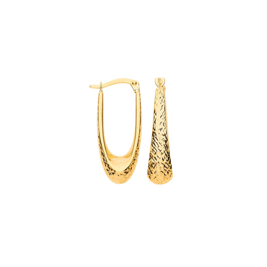 Yellow Gold Diamond Cut Elongated Hoop Earrings