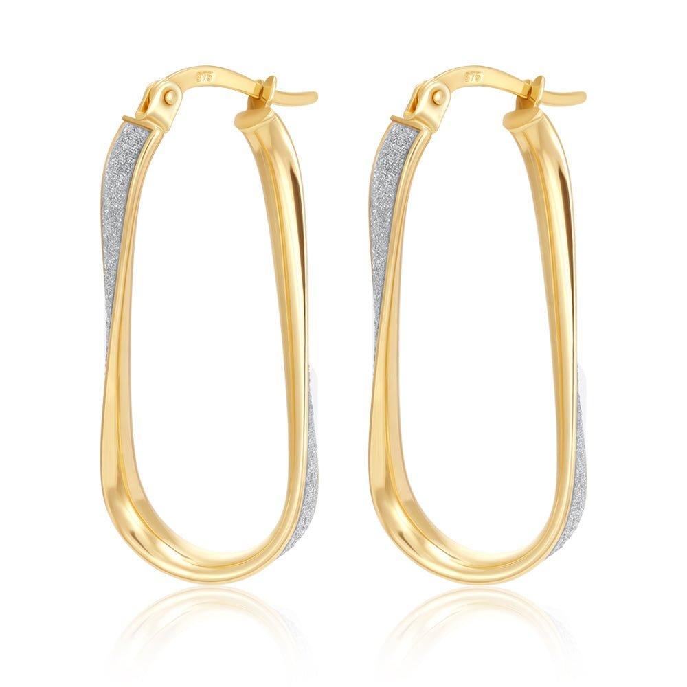 Yellow Gold Glitter Oval Twist Hoop Earrings