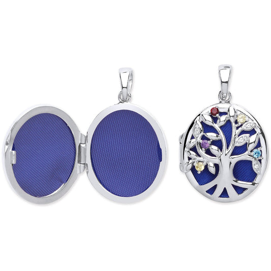 Silver Oval Tree of Life Locket with Multi Colour Cubic Zirconias