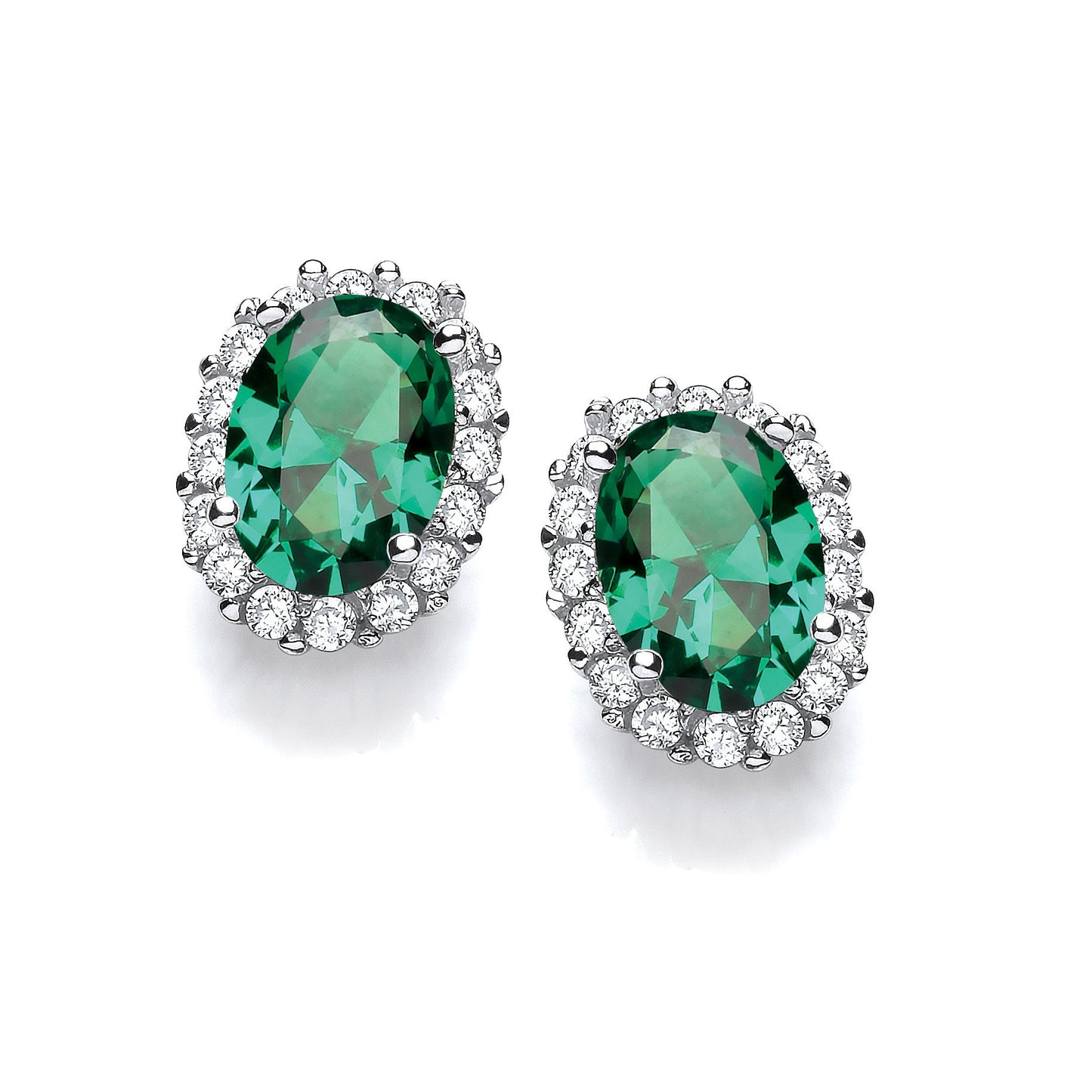 Oval Green Cubic Zirconia Stud Silver Earrings