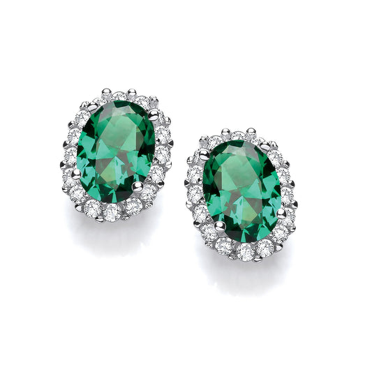 Oval Green Cubic Zirconia Stud Silver Earrings