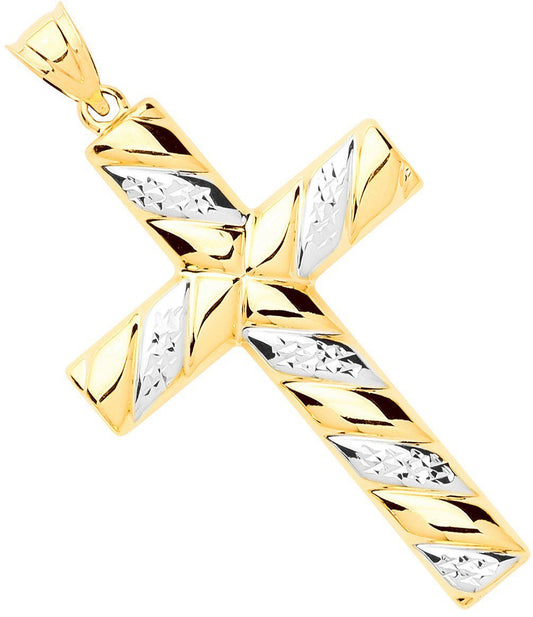 Yellow and White Gold Hollow Tube Ribbed Cross