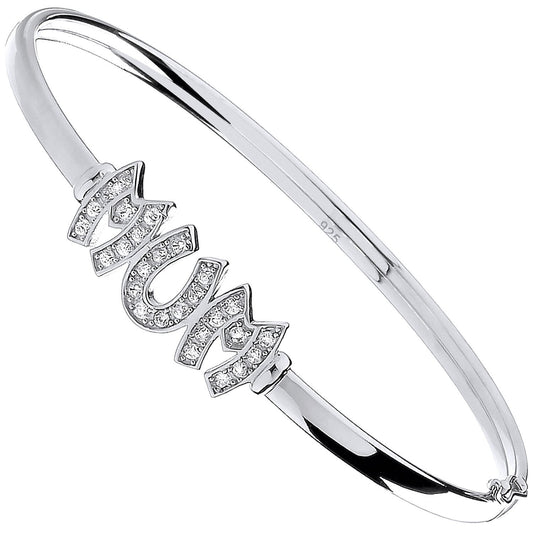 Silver Mum Cubic Zirconia Hinged Bangle