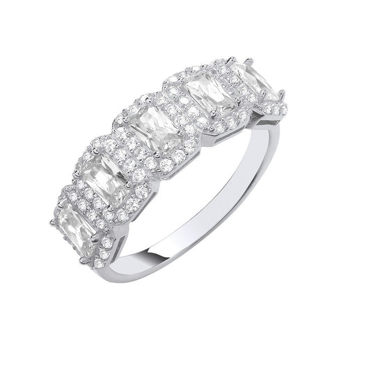 Silver 5 Emerald Cut Cubic Zirconias Halo Ring