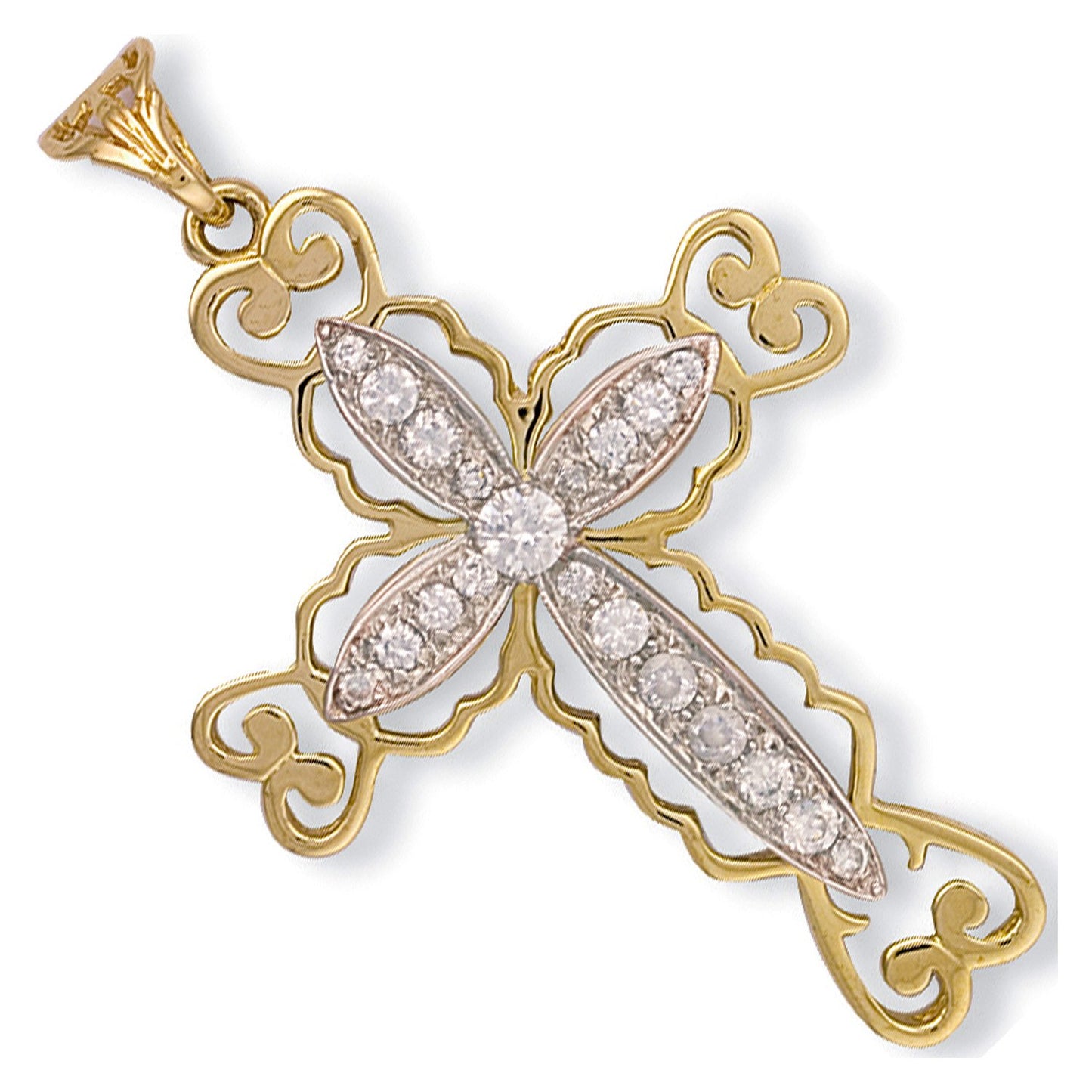 Yellow Gold Fancy Pave Set Cubic Zirconia Cross - 38.4mm