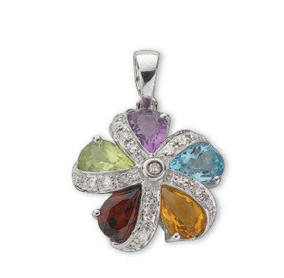 9ct White Gold 0.12ct Diamond & Multi Colour Gems Cluster/Flower Pendant