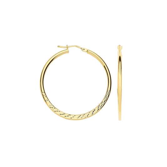 Yellow Gold 30mm Half Diamond Cut Half Plain Hoops