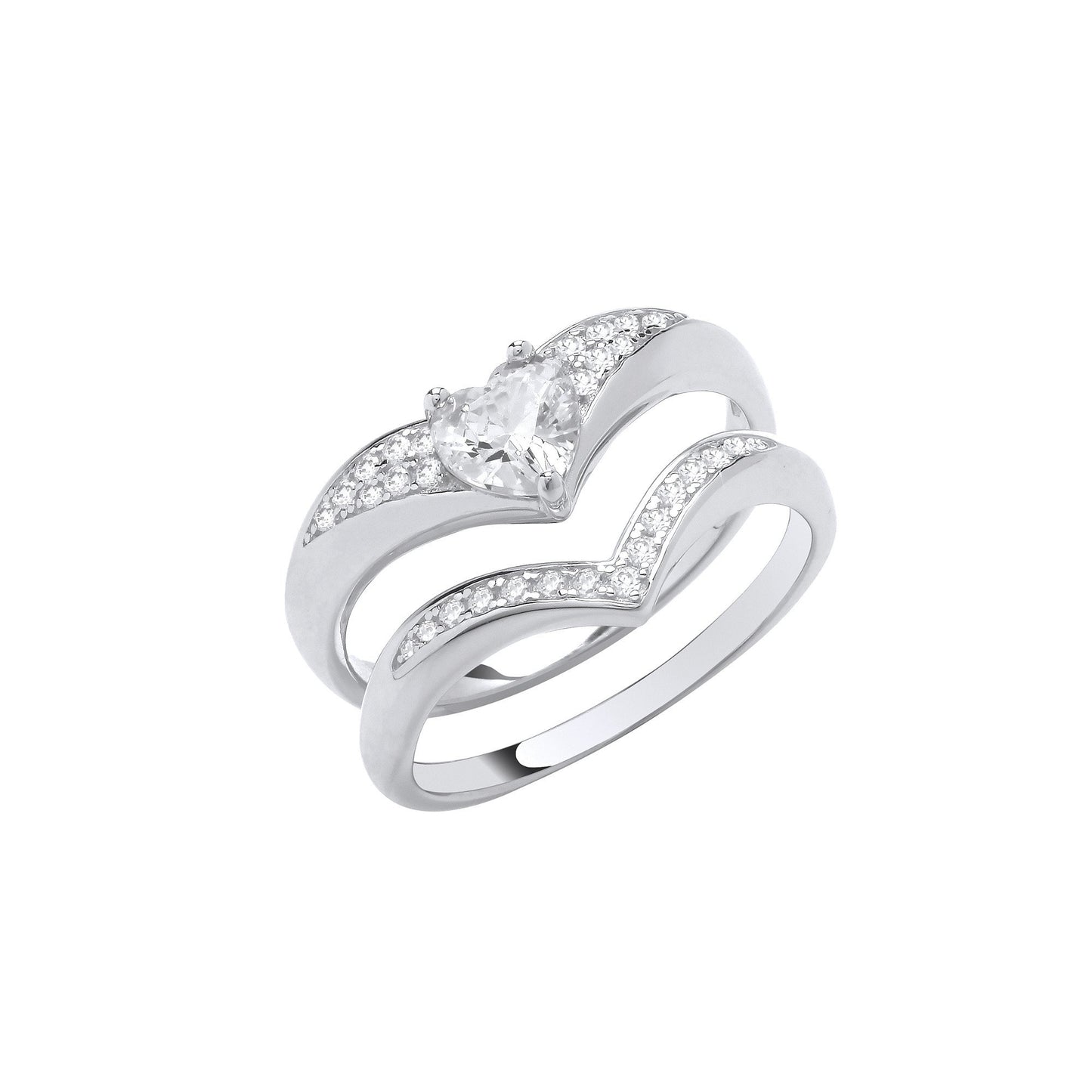 Silver Bridal Set Heart Cubic Zirconia Wishbone Rings
