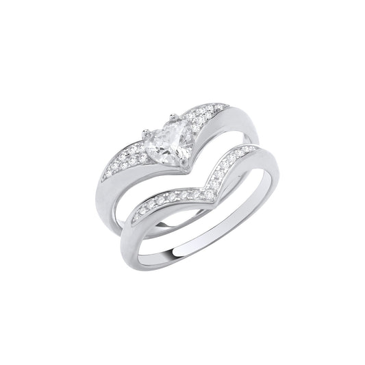 Silver Bridal Set Heart Cubic Zirconia Wishbone Rings