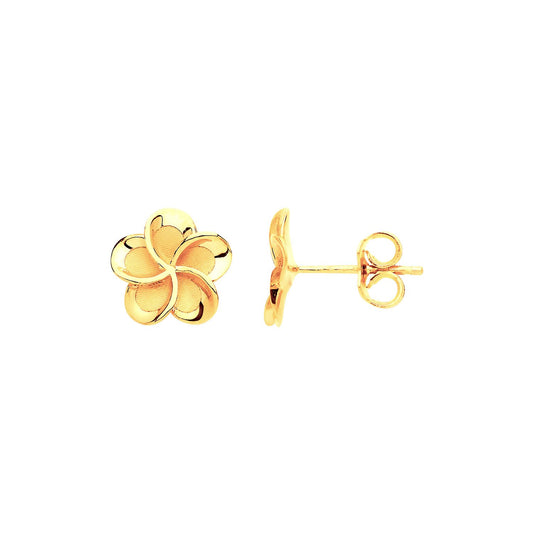 Yellow Gold 10mm Flower, Frosty Finish Stud Earrings