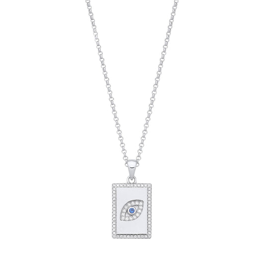 Silver Dog Tag Cubic Zirconias Evil Eye Pendant on Chain