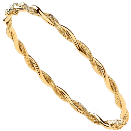 Yellow Gold Plain & Diamond Cut Twist Ladies Bangle