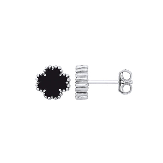 Silver Black Enamel Four Leaf Clover Studs