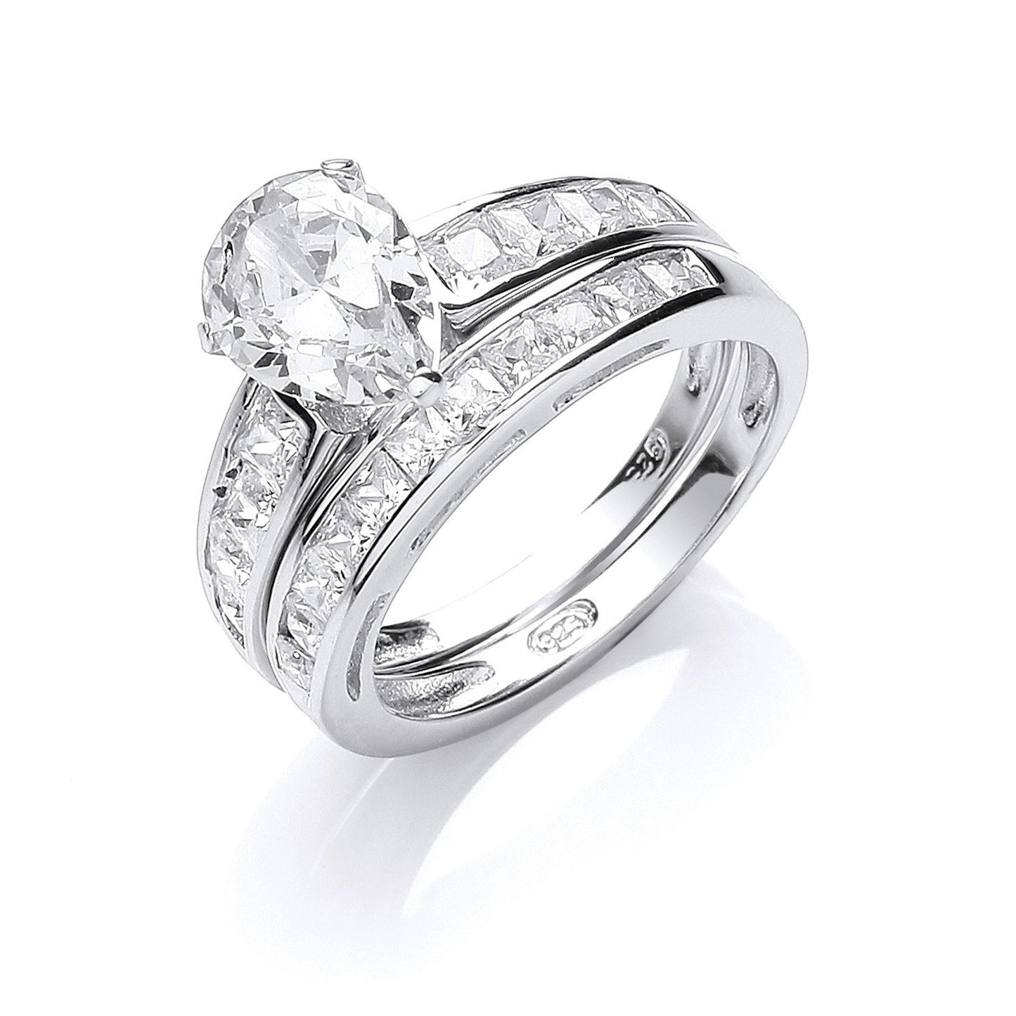 Silver Bridal Set, Pear Cubic Zirconia Centre Rings