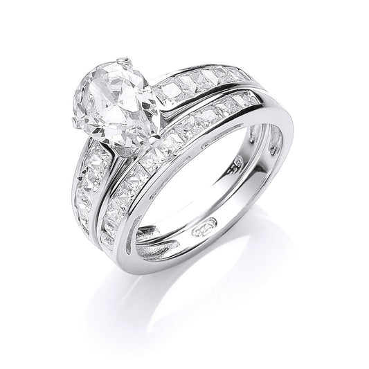 Silver Bridal Set, Pear Cubic Zirconia Centre Rings