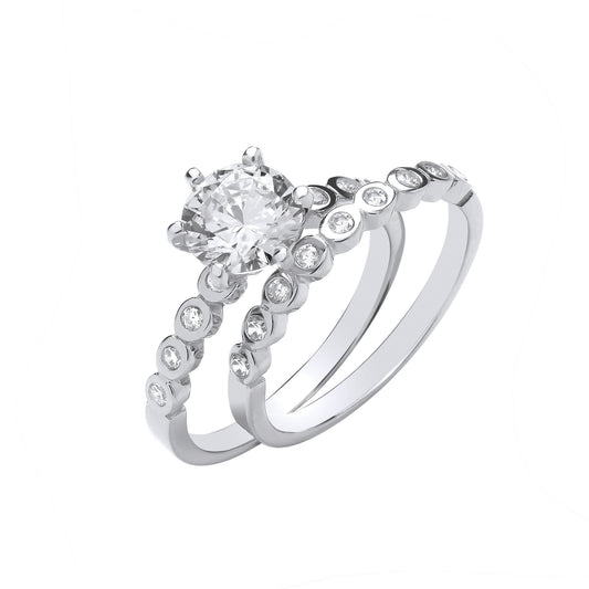 Silver Bridal Set Big Cubic Zirconia S/S & Rubover Half Eternity Rings