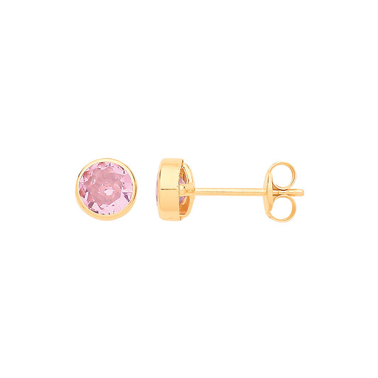 9ct Yellow Gold 5mm Rubover Set Pink Cubic Zirconia Studs