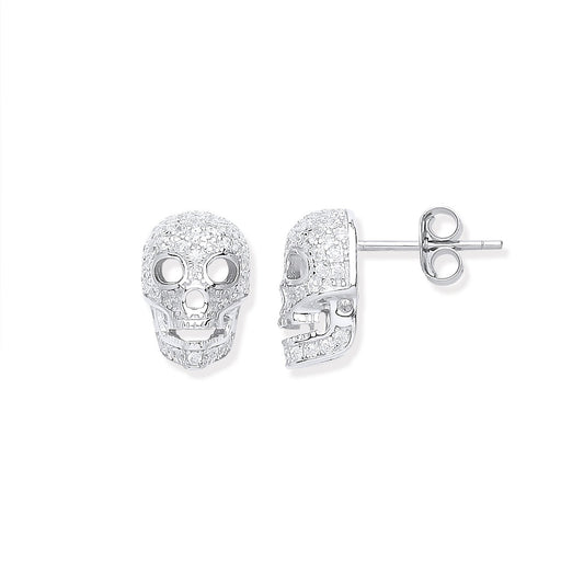 Silver Cubic Zirconia Skull Stud Earrings