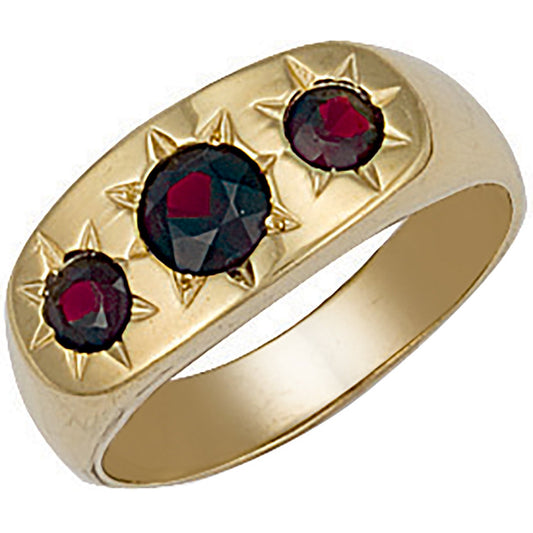 Yellow Gold Gents 3 Stone Garnet Ring (HNN-21A471)
