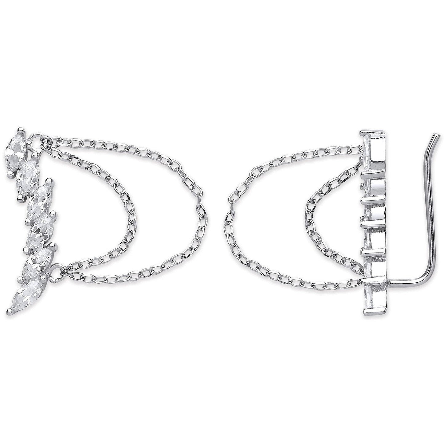 Silver Arc-Shaped Ear Hook Marquee Cubic Zirconia with Chain Ear Clip Earrings