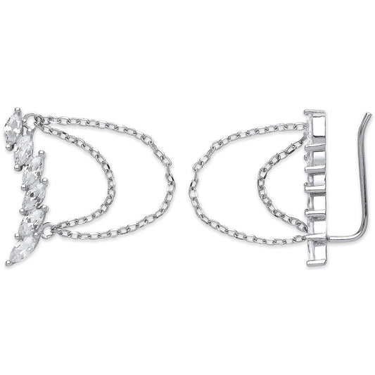 Silver Arc-Shaped Ear Hook Marquee Cubic Zirconia with Chain Ear Clip Earrings