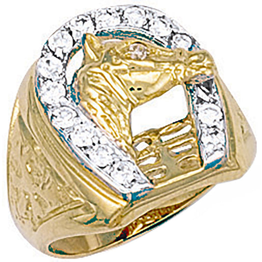 Yellow Gold Horse Shoe & Head Cubic Zirconia Ring (HNN-C69524)