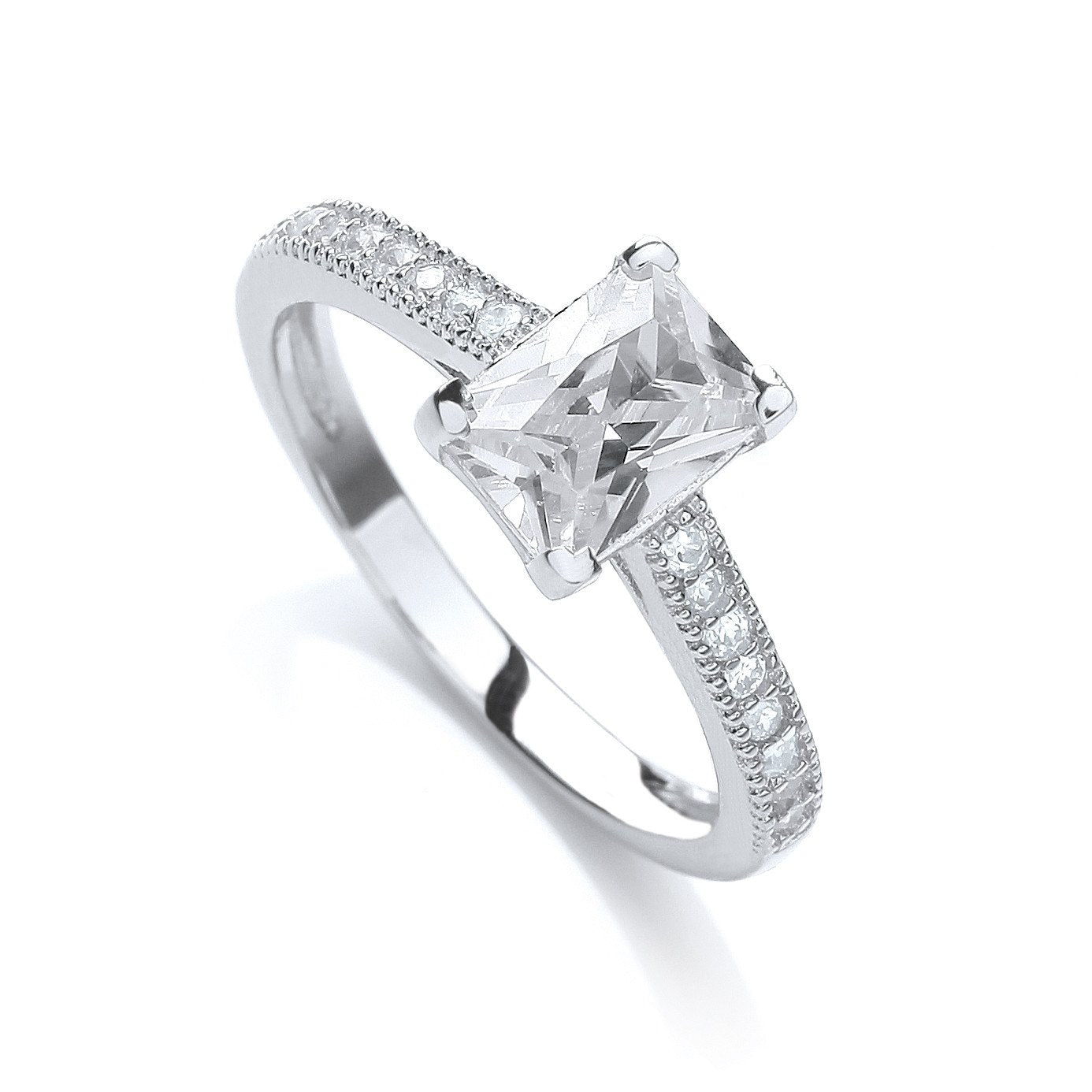 Fancy Emerald Cut Cubic Zirconia with Shoulders Ring